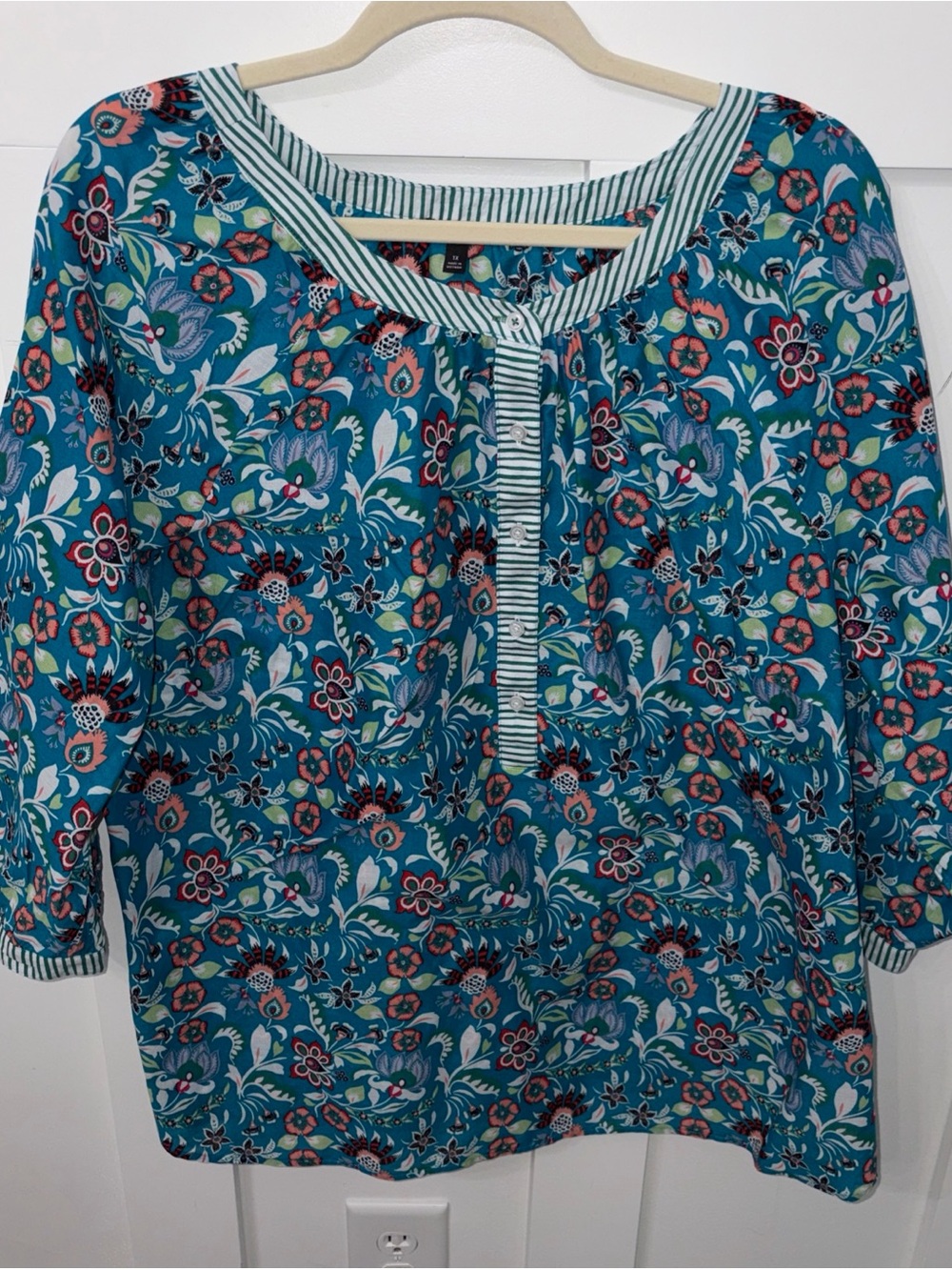 Teal Floral Button-Front Women's Top-size 1X-Talbots-3/4 sleeve